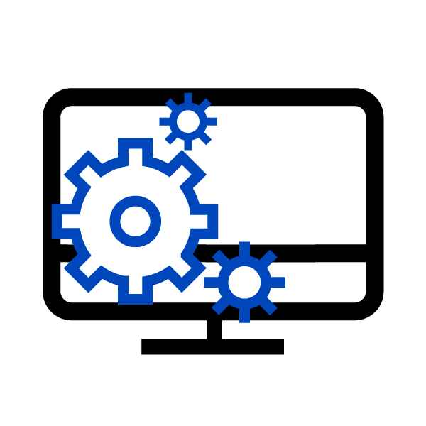 an icon of a monitor in a black outline with blue gears sitting on top of it
